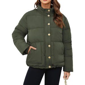 Women's Short Puffer Quilted Jacket Coat Gray Green Winter Zip Up Snap Button